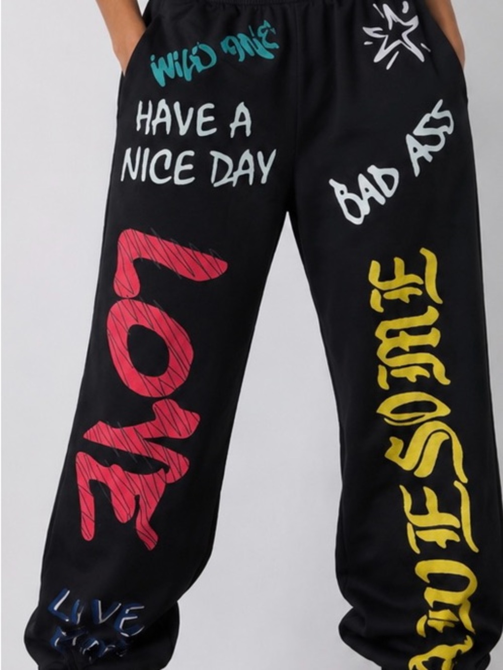 Black Graphic Jogger Pants with Multicolor Street Art
